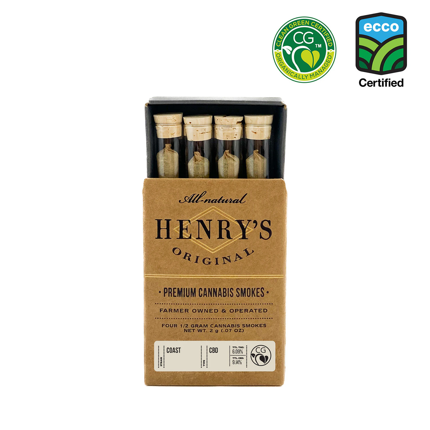Henry's Original - 2g 1:1 CBD:THC Coast Pre-Roll Pack (.5g - 4 pack) - Henry's Main Image