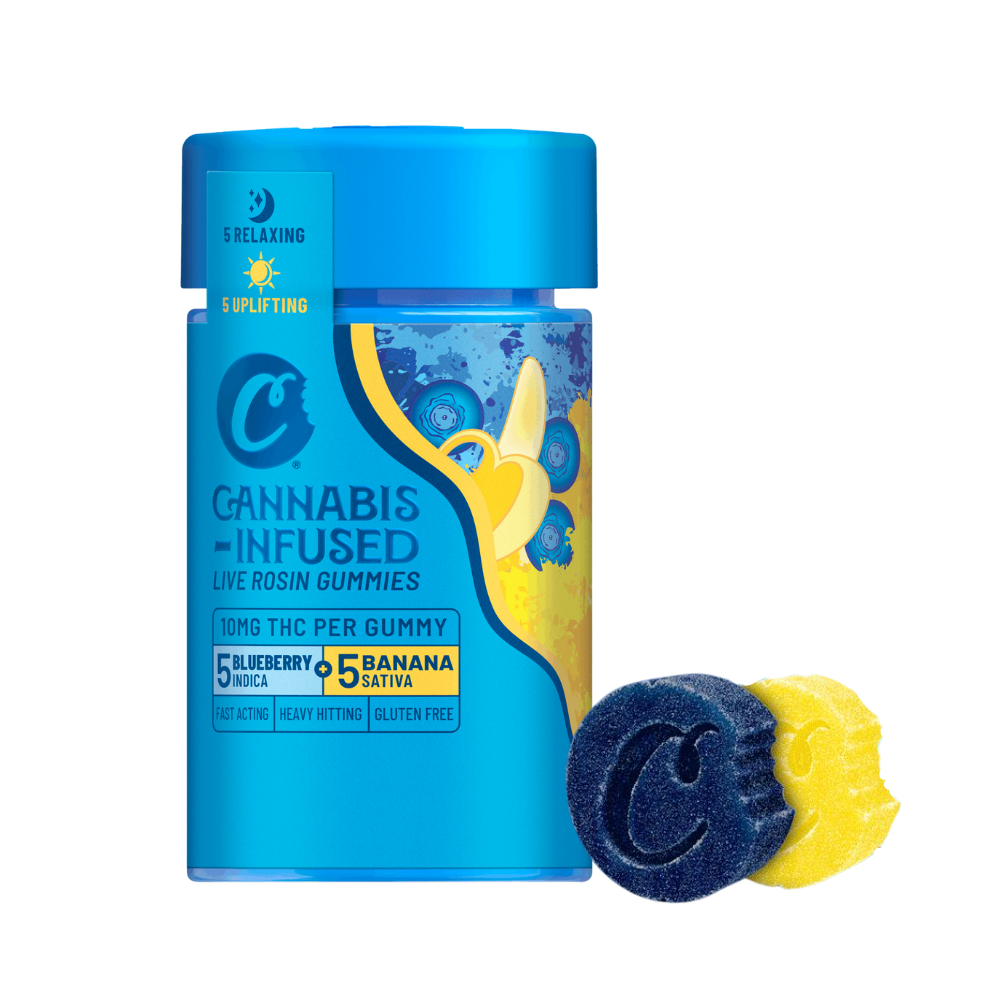 100mg THC Blueberry & Banana Live Rosin Gummies (5 - 10mg Indica Blueberry, 5 - 10mg Sativa Banana) - Cookies picture