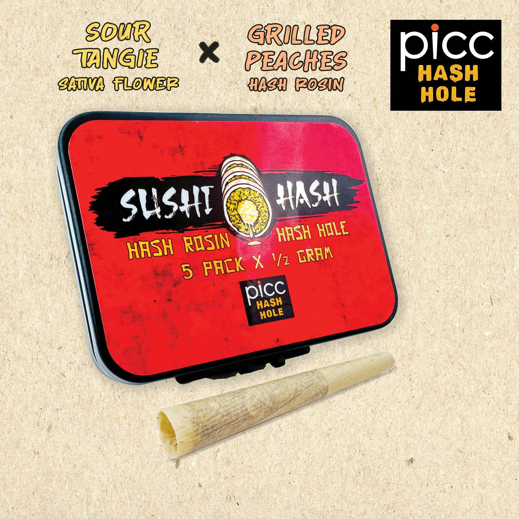 PICC - Picc x SUSHI HASH | Sour Tangie x Grilled Peaches Rosin Hash Hole | Infused Pre-Roll 5 Pack | 2.5g Main Image