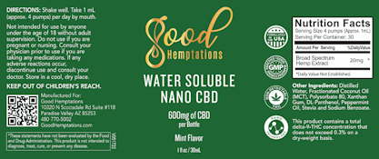 Good Hemptations Water Soluble 600mg Mint Tincture