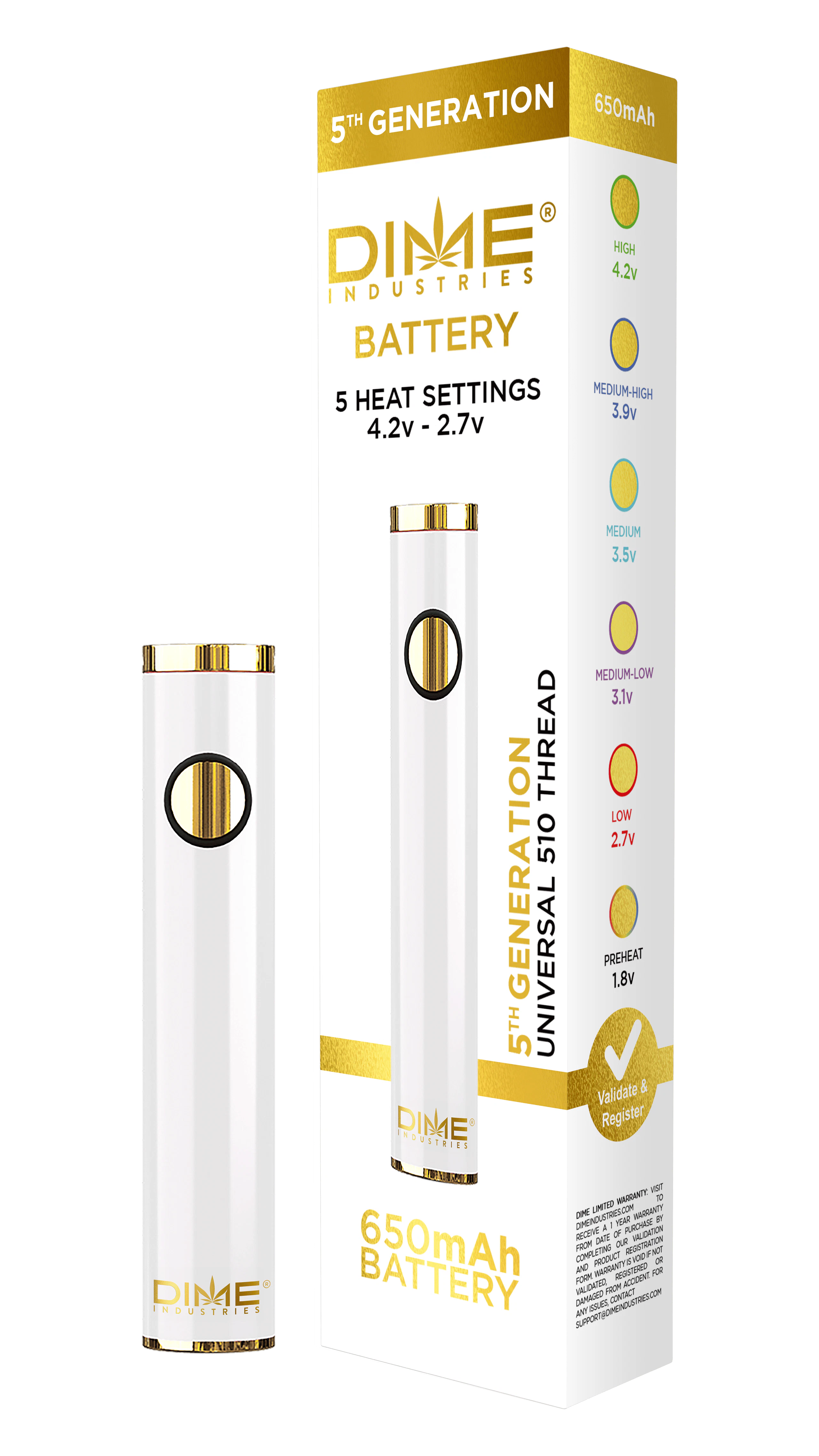 Dime Industries - 510 Thread Battery - Mini White | Dime Main Image