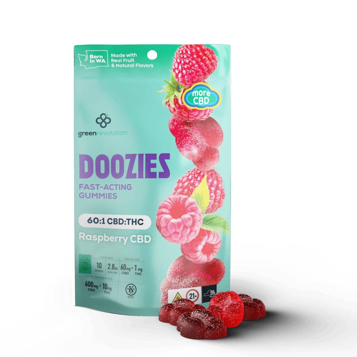 Green Revolution - Raspberry CBD Doozies - 60:1 High CBD Gummies Main Image