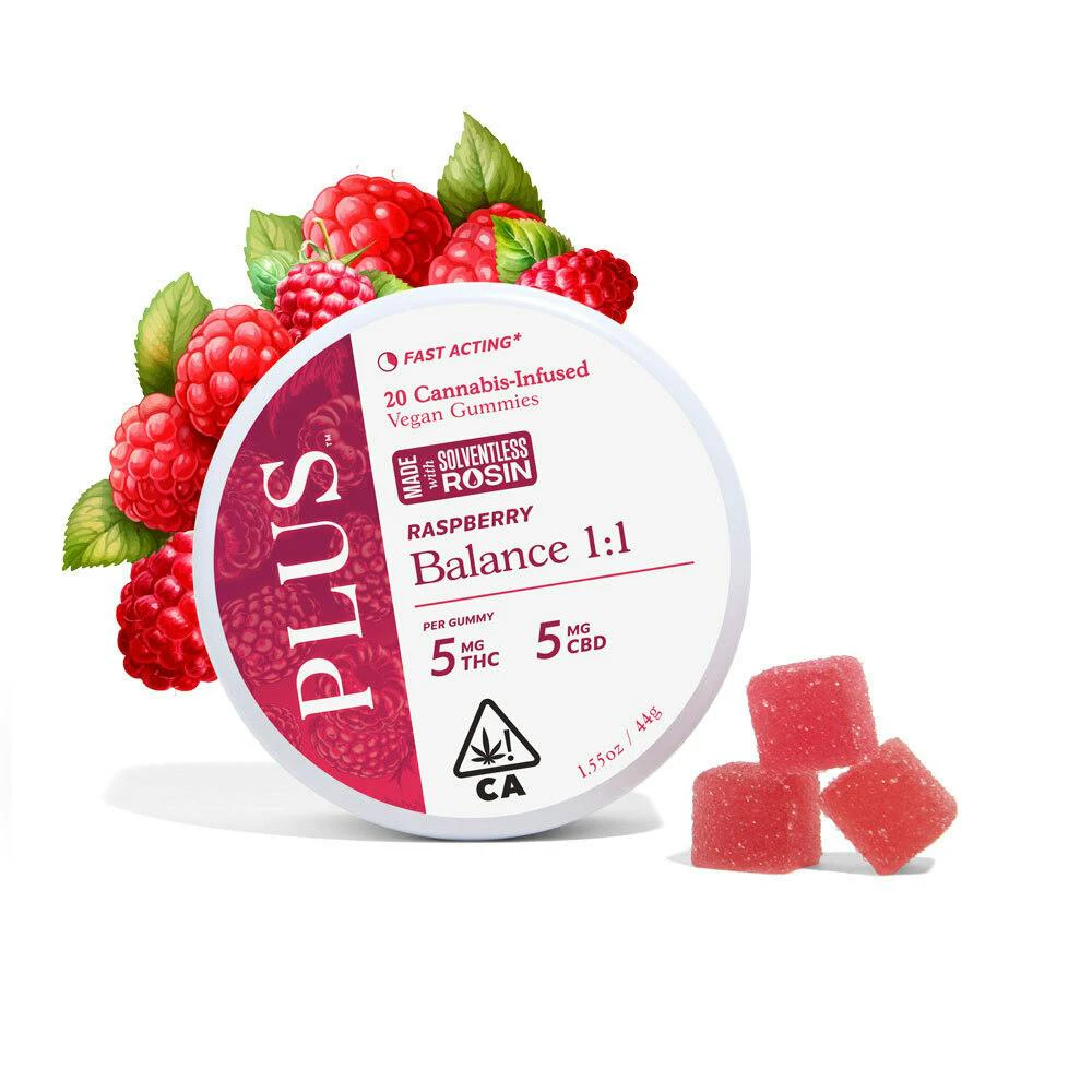PLUS™️ Products - Plus | Raspberry | Balance | 1:1 Gummies [Solventless Rosin] 100mg Main Image