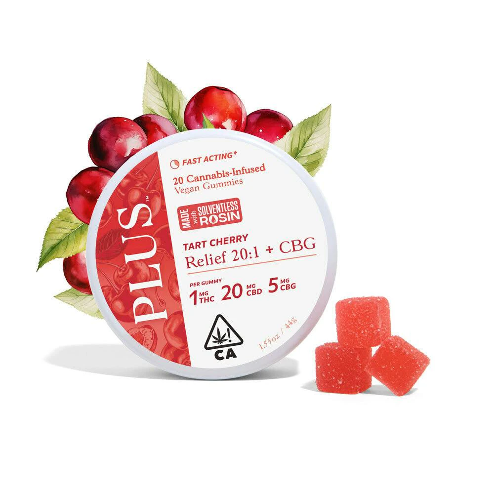 PLUS™️ Products - Plus | Tart Cherry | Relief 20:5:1 Gummies [Solventless Rosin]100mg Main Image