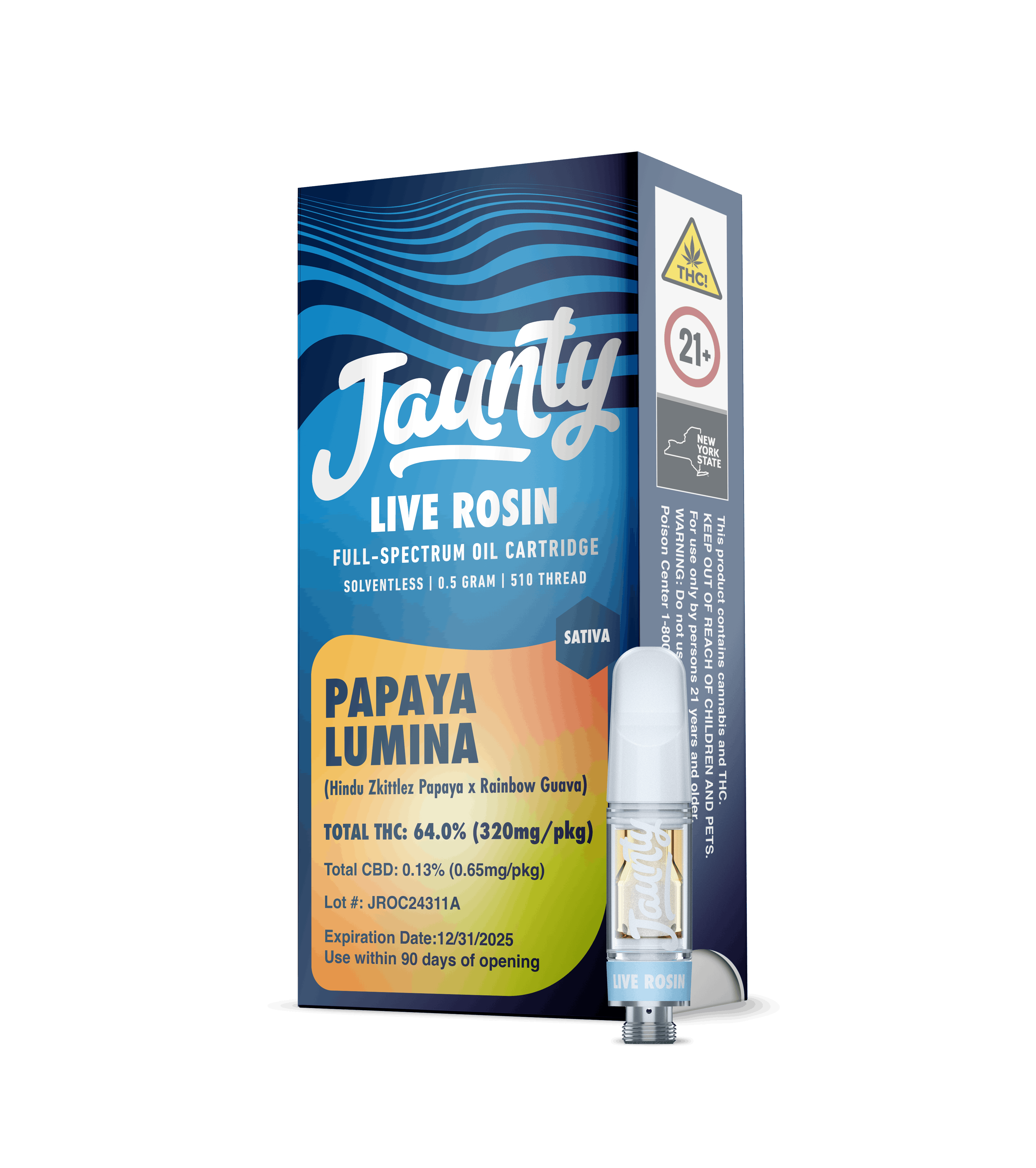 Papaya Lumina -Sativa- 72.7% THC Live Rosin Full Spectrum 510 Vape Cartridge 0.5g | Jaunty       -o2 back