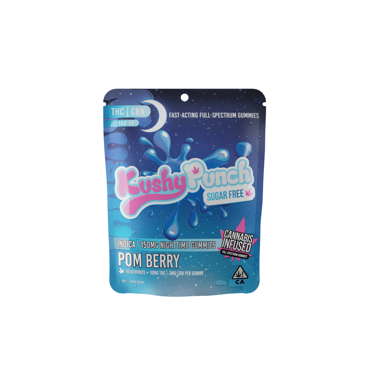 Kushy Punch - 150mg 2:1 THC:CBN PomBerry Sugar Free Nighttime Gummies (10mg THC, 5mg CBN - 10 pack) - Kushy Punch Main Image