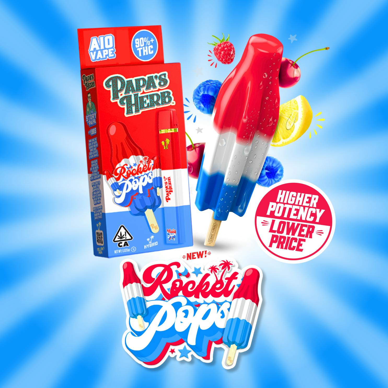 rocket pop disposable vape Papa's Herb - 1g AIO - Pops - Castroville Best CBD Vape Cartridge hidden Choose Flavor:Blue Razz