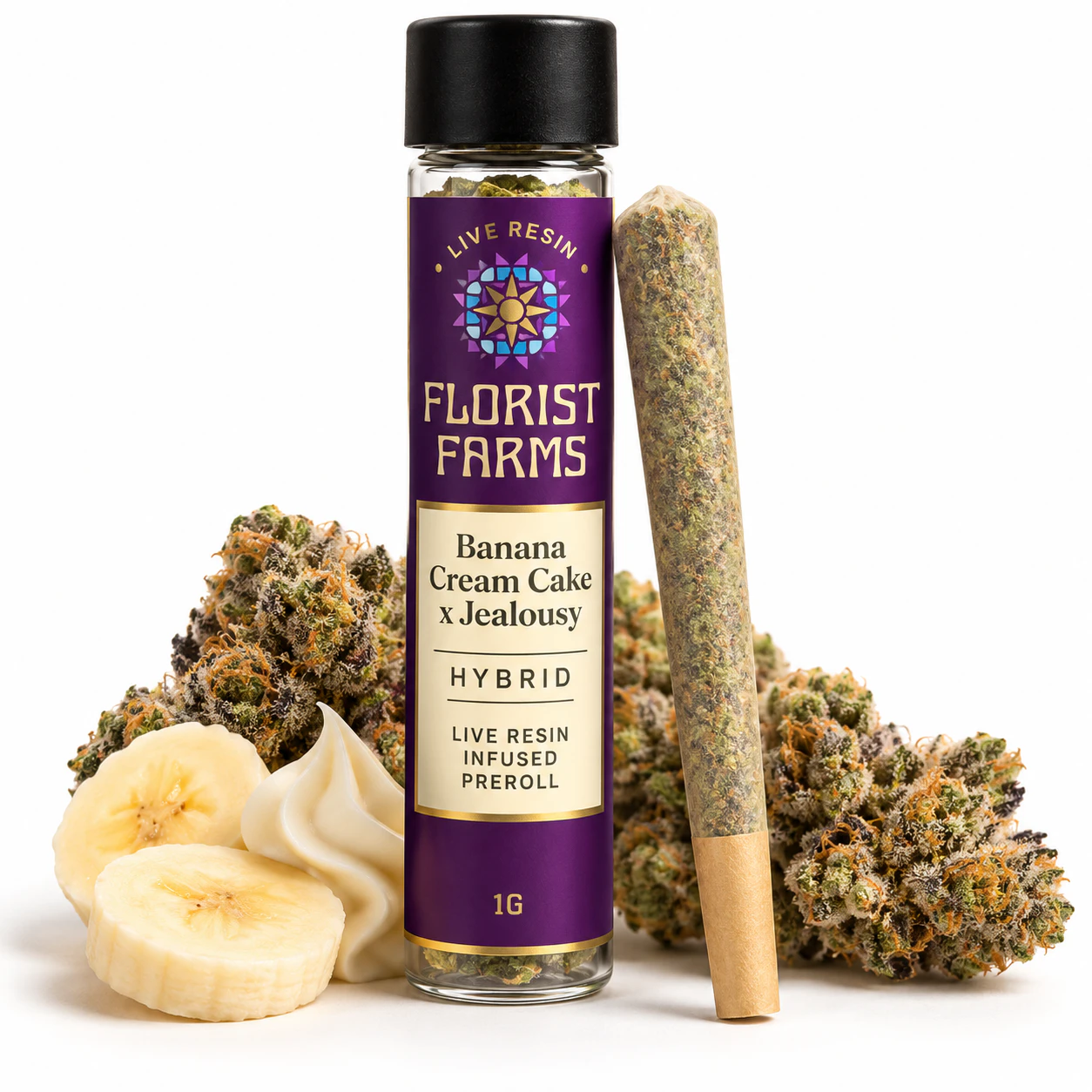 Florist Farms - Florist Farms | 1g Live Resin Infused Preroll | Banana Cream Cake x Jealousy | Hybrid | Main Image
