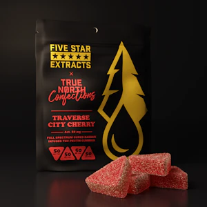 FIVE STAR EXTRACTS BY: TRUE NORTH COLLECTIVE - TRAVERSE CITY CHERRY (Chili Mac Cured Badder) 4X50MG FULL SPECTRUM VEGAN GUMMIES ADULT-USE