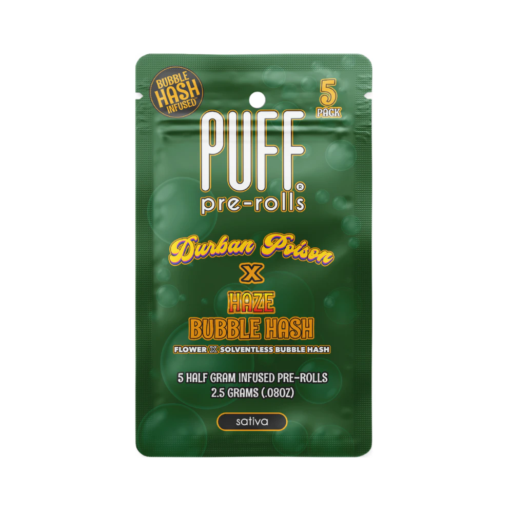 PUFF - 2.5g Durban Poison x Haze Bubble Hash Infused Pre-Roll Pack (.5g - 5 pack) - Puff Main Image