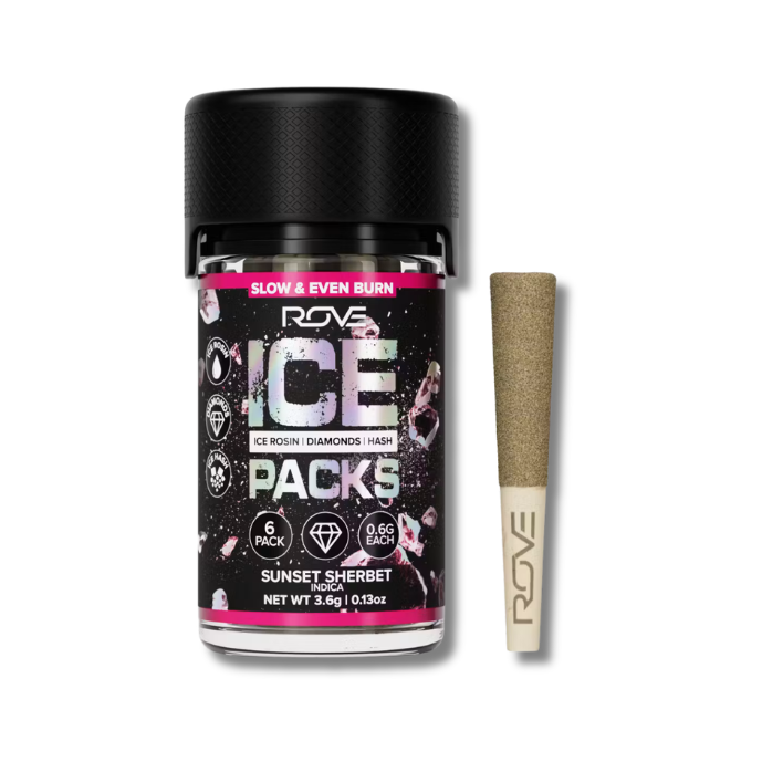 3.6g Sunset Sherbet Ice Pack Rosin, Diamond & Hash Infused Pre-Roll Pack (.6g - 6 pack) - Rove picture