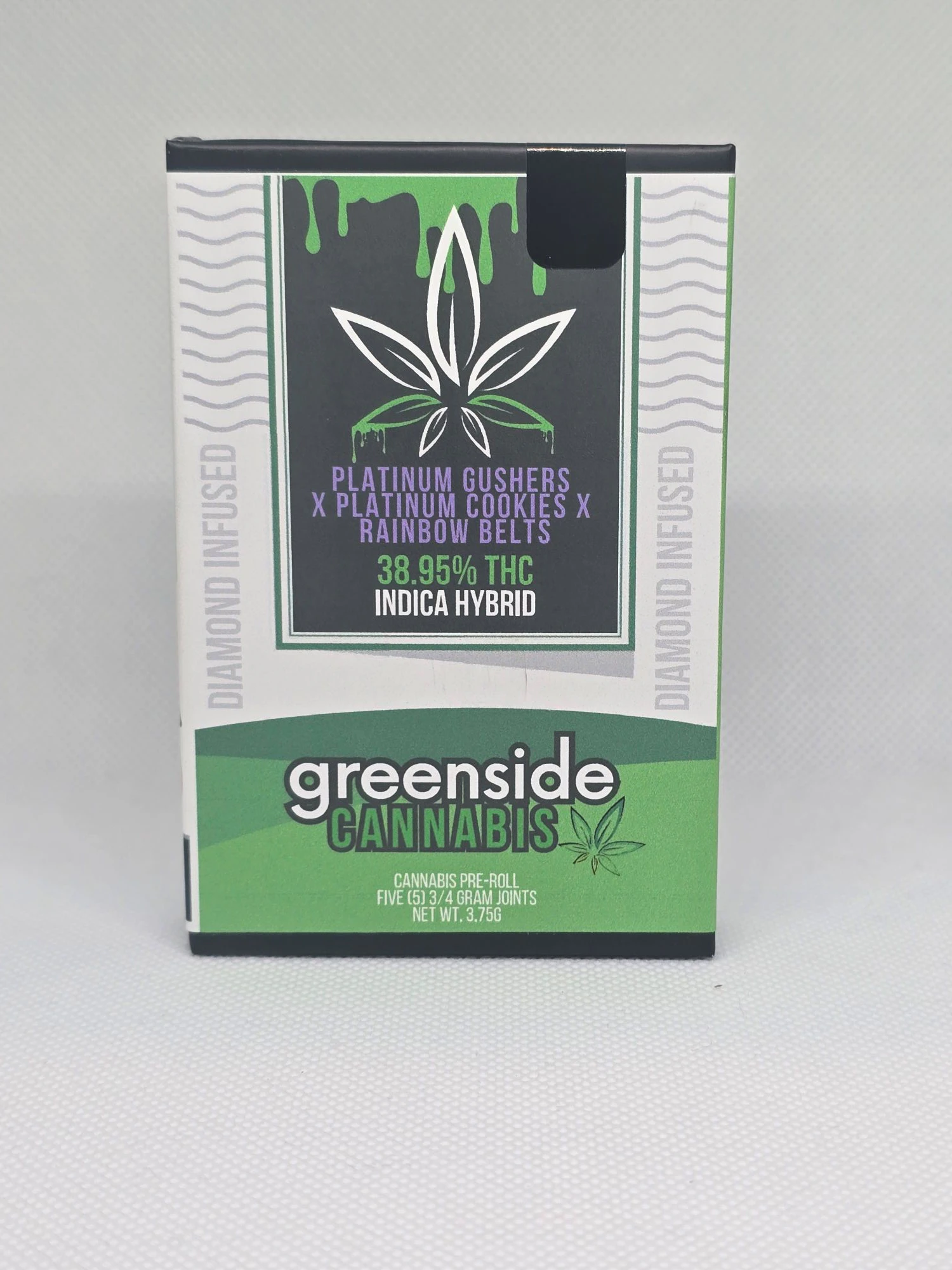 GREENSIDE CANNABIS - Greenside Cannabis - Plat Gush x Plat Cookies x Rainbow Belts - Infused PreRolls - 5 x .75g Main Image