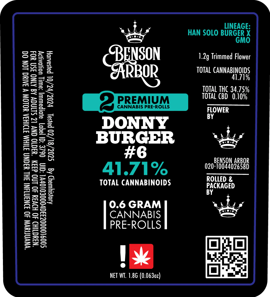 Benson Arbor - BA | Donny Burger | 2 x .6g Indica Preroll Main Image