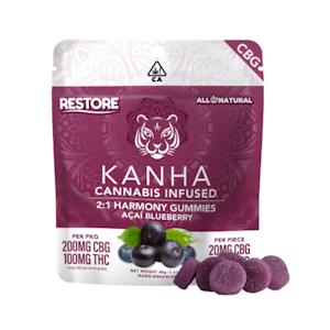 Kanha Edibles - 300mg 2:1 CBG:THC NANO Acai Blueberry Gummies (20mg CBG, 10mg THC - 10 pack) - Kanha