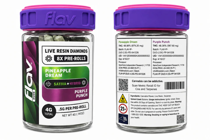 Flav - Pineapple Dream (Sativa) x Purple Punch (Hybrid)- 48.96%/48.38% THC | 0.5g x 8 Live Resin Infused (4g Duo Pre-Roll Pack) | FLAV -bb3 back