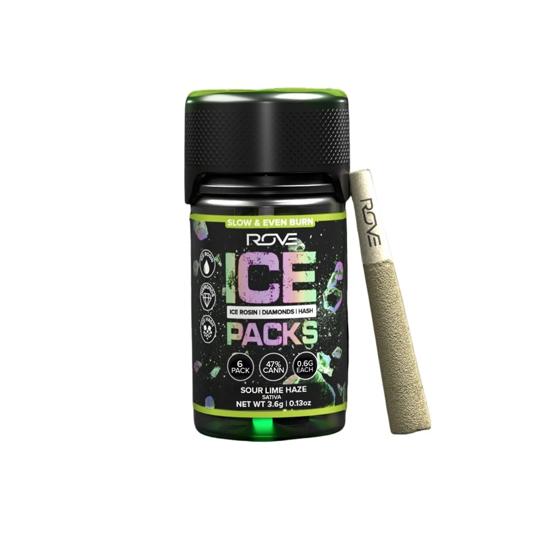 ROVE - 3.6g Sour Lime Haze Ice Pack Rosin, Diamond & Hash Infused Pre-Roll Pack (.6g - 6 pack) - Rove Main Image