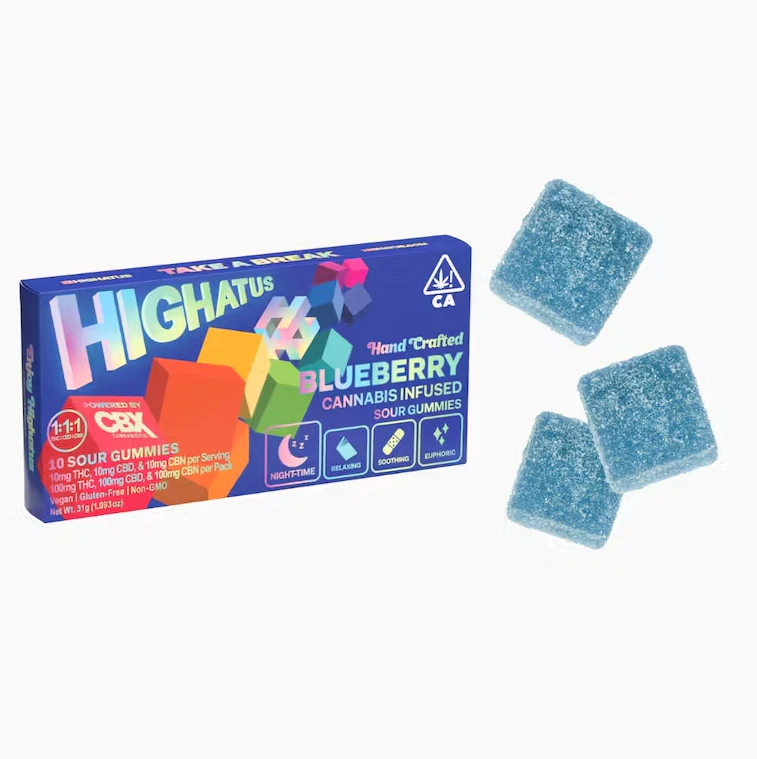 Highatus - Highatus - 100mg Sour Gummies - Blueberry 1:1:1 THC:CBD:CBN Main Image