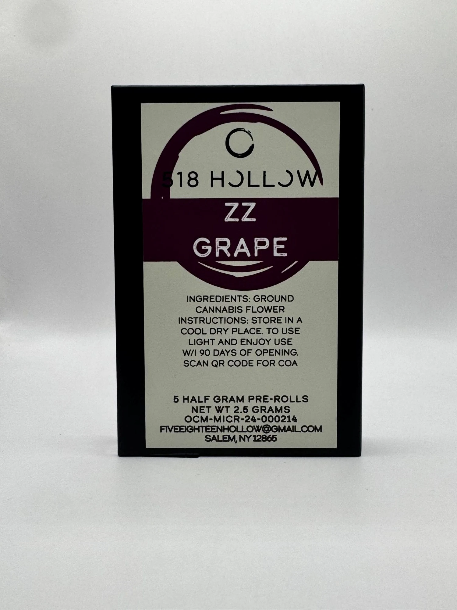 518 Hollow - 518 Hollow - ZZ Grape - 25% THC - 0.5g x 5pk - Preroll Main Image