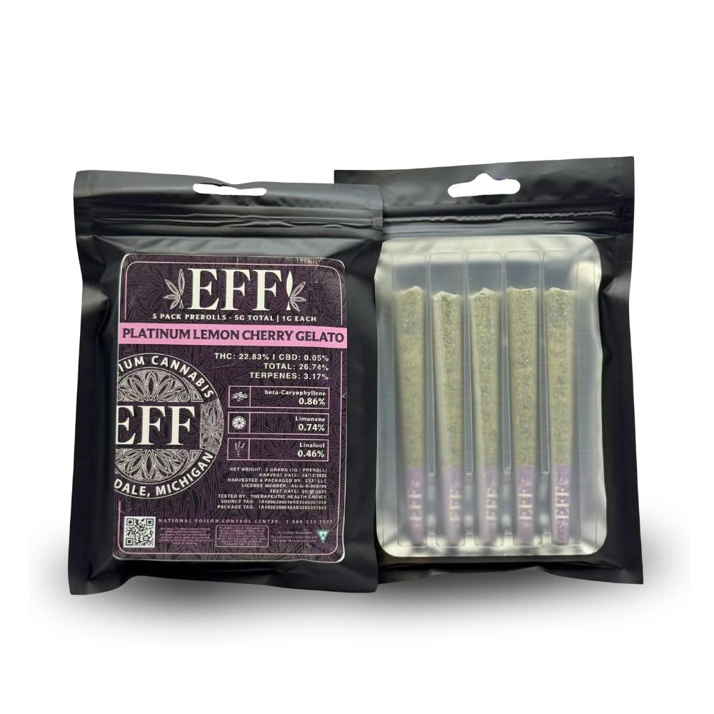EFF! - Platinum Lemon Cherry Gelato 5pk Prerolls (5g total/1g each) - EFF! (FIRE ISLAND) Main Image