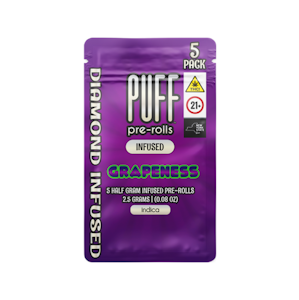 PUFF - Puff - Grapeness - 38.66% THC - 0.5g 5pk [2.5g] Diamond Infused - Pre-Rolls