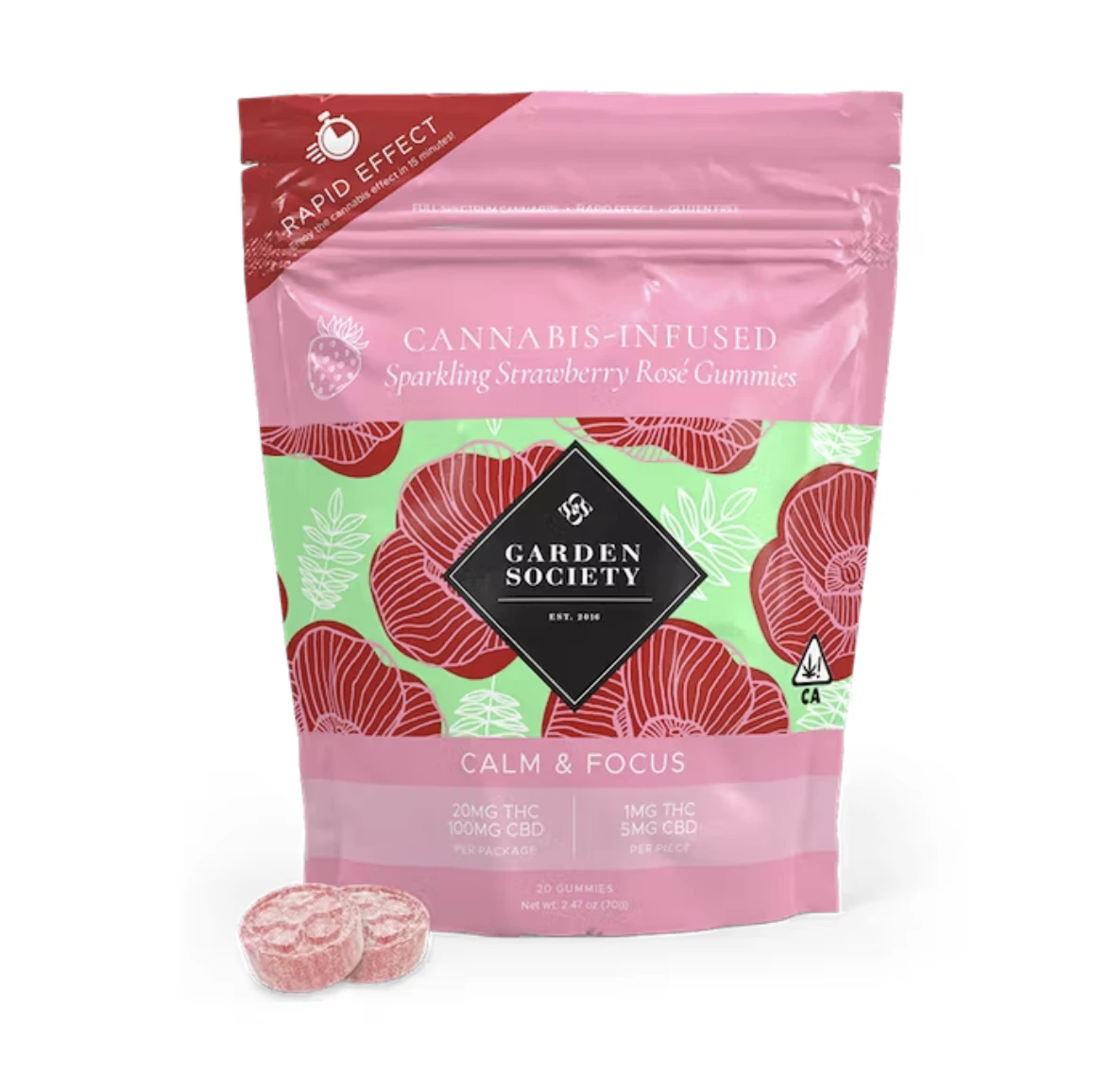 The Garden Society - 120mg CBD 5:1 Sparkling Strawberry Rose Gummies (5mg CBD, 1mg THC - 20pack) - Garden Society Main Image