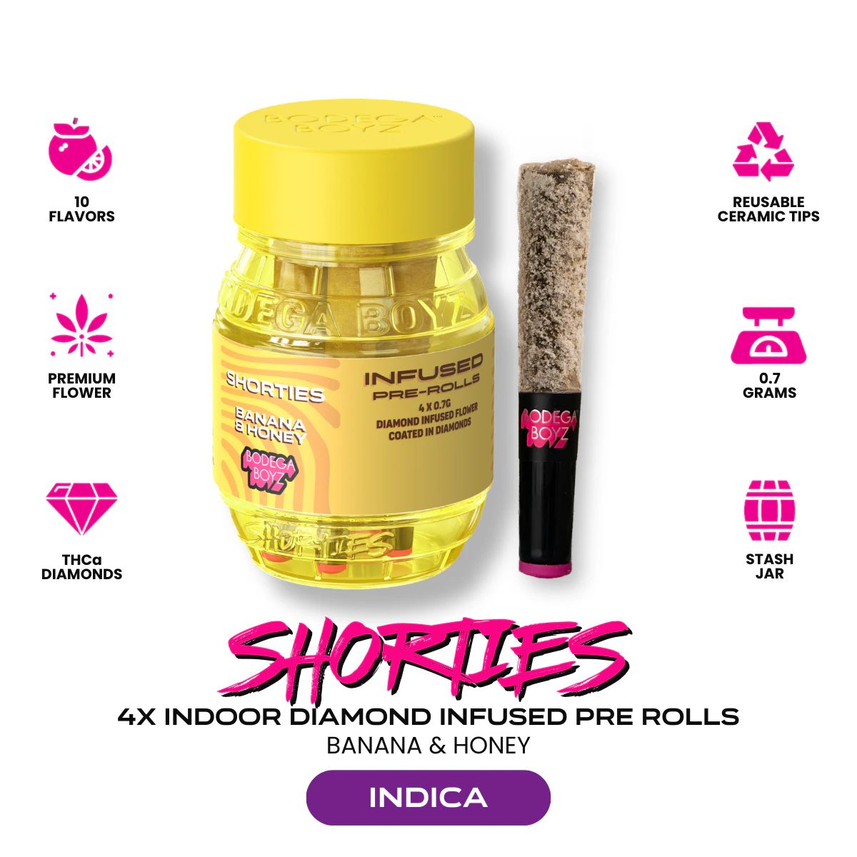 Bodega Boyz - Bodega Boyz | Bananas & Honey | Shorties Diamond Coated & Infused Preroll | 0.7g | 4 Ceramic Tip Pack | Indica Main Image