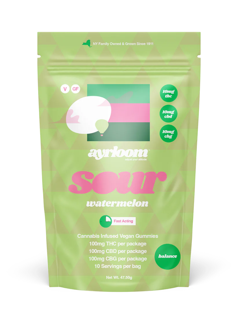 Sour Watermelon -Hybrid- 10:10:10 THC:CBD:CBG | 100mg 10pk Gummies (Edibles) | Ayrloom      -C3