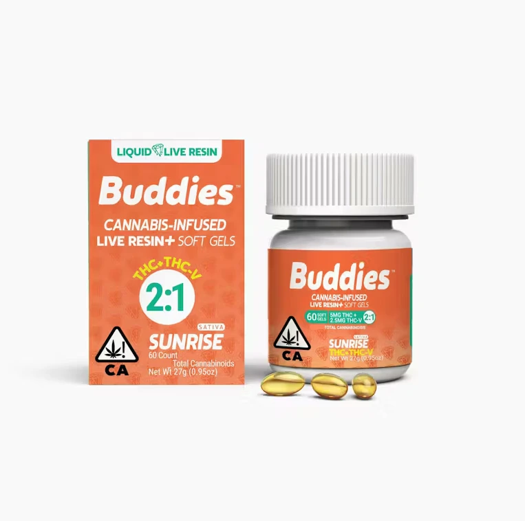 Buddies Brand - BUDDIES - Capsules - 5MG - 60CT - Sunrise Sativa - 2:1- THC:THCV - Live Resin - 300MG Main Image