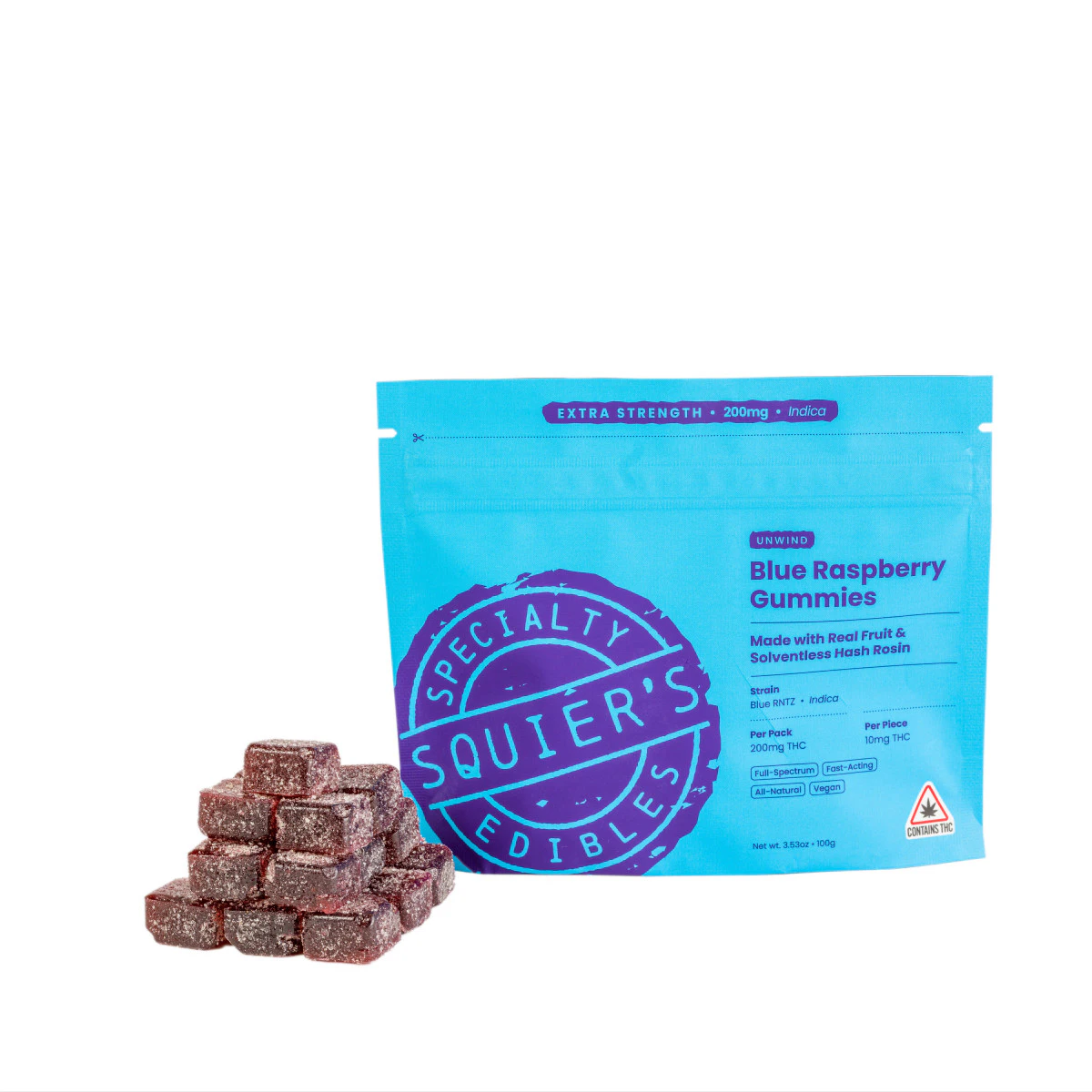 Squier's - Squier's | Blue Raspberry | 10mg Gummy | 20-Pack | 200mg Total | Hash Rosin | [I] Main Image