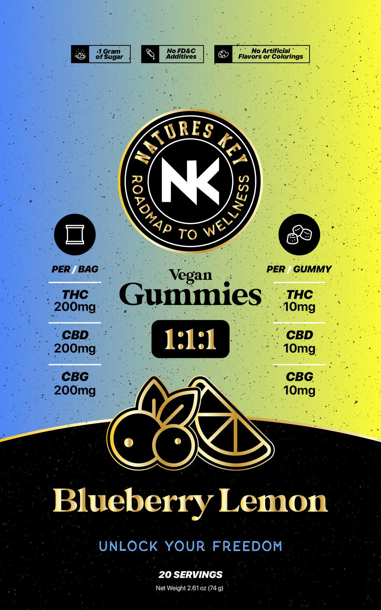 Nature's Key - Blueberry Lemon 1:1:1 (100mg) Thc/Cbd/Cbg  Vegan Gummies Main Image