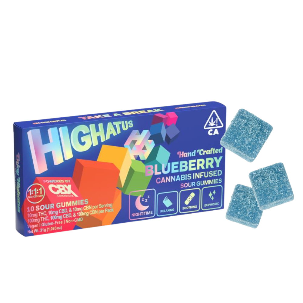 300mg 1:1:1 THC:CBD:CBN Blueberry Sour Gummies (10mg THC, 10mg CBD, 10mg CBN - 10 pack) - Highatus picture