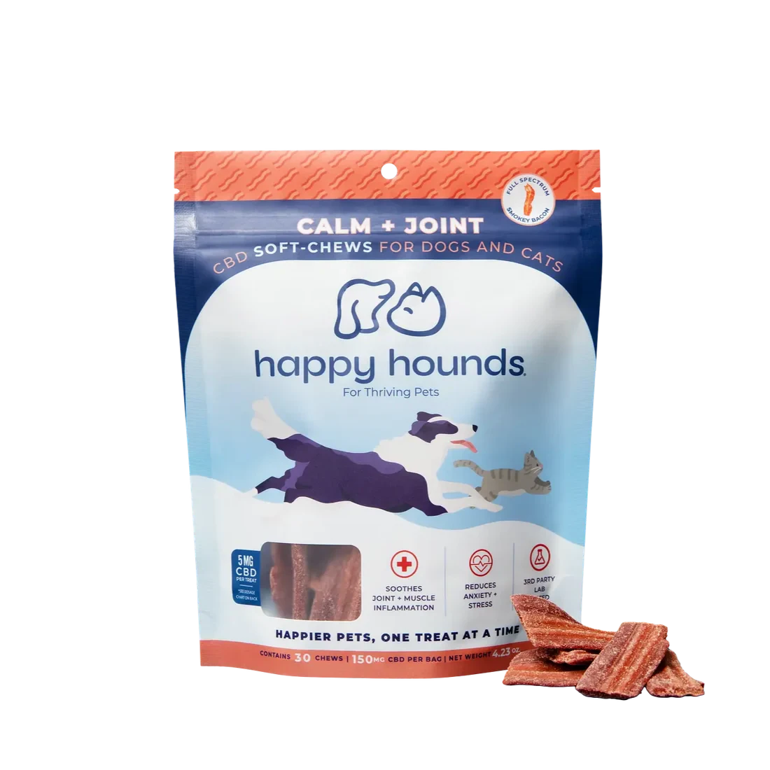 HAPPY HOUNDS - Calm + Joint | 5mg CBD Bacon Soft Chews | 30pk 150mg Main Image