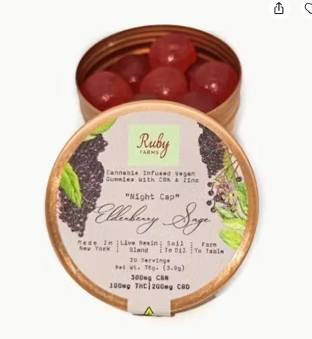 Ruby Farms - "Night Cap" Elderberry Sage -Indica- 5:10:15mg THC|CBD|CBN | 100:200:300mg THC/CBD/CBN (20 Pack Live Resin Vegan Gummies) | Ruby Farms   -Z12