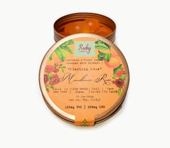 Ruby Farms - "Electric Love" Mandarin Rose -Hybrid- 5:10mg THC/CBD | 100/200mg THC/CBD (20 Pack Vegan Gummies with Vitamin C) | Ruby Farms  -AA12