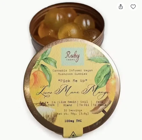 Ruby Farms - "Pick Me Up" Lions Mane Mango -Sativa- 5:10mg THC/CBD | 100mg THC / 200MG CBD (20 Pack Live Resin Vegan Gummies) | Ruby Farms  -BB12