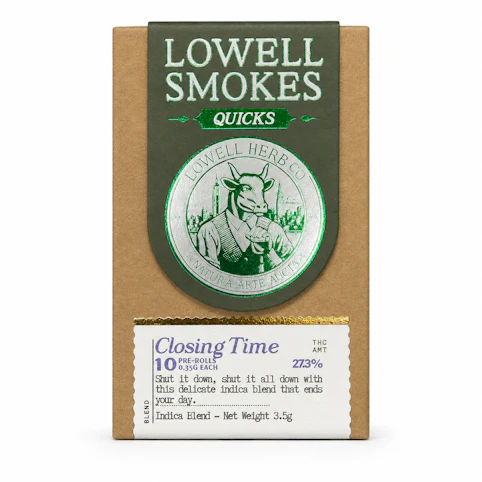 Lowell Smokes - Closing Time -Indica- 27.3% THC | 0.35 x 10 Quicks Premium (3.5g Pre-Rolls) | Lowell Smokes - S9 FRONT 