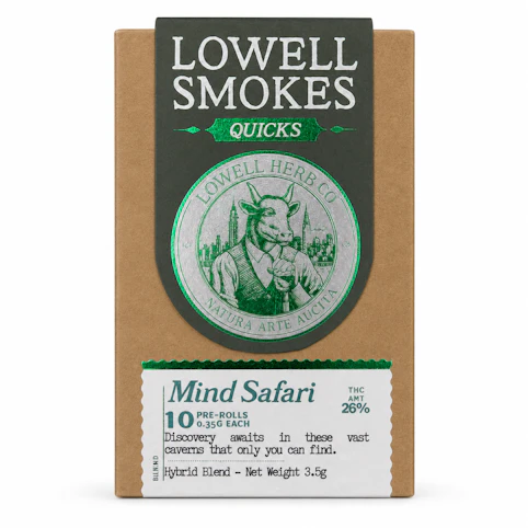 Lowell Smokes - Mind Safari -Hybrid- 26% THC | 0.35g x 10 Quicks Premium (3.5g Pre-Rolls) | Lowell Smokes- Q9 BACL
