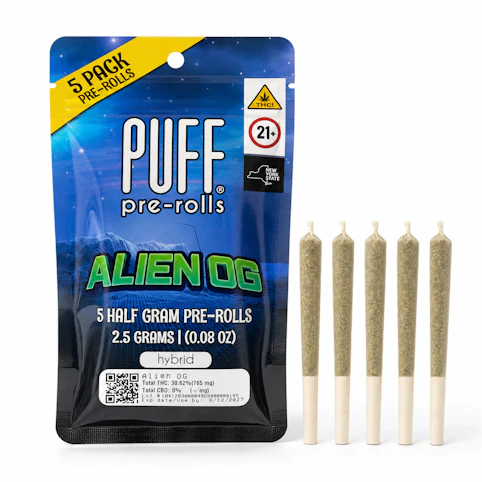 PUFF - Alien OG - Hybrid - 30.62% THC | 0.5g × 5 (2.5g Pre-Roll Pack) | PUFF  - L10 FRONT