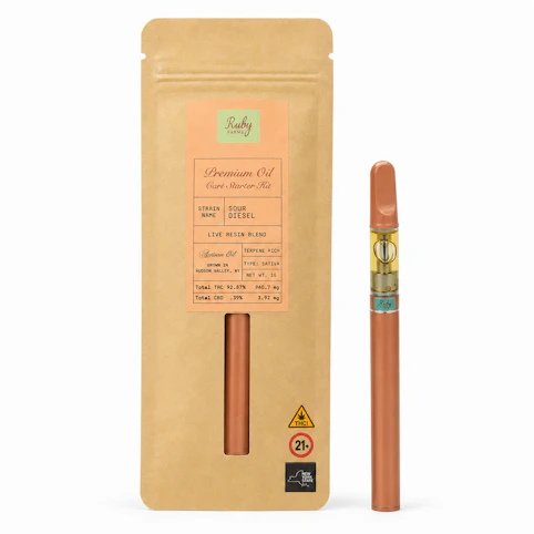 Ruby Farms - Sour Diesel – Sativa – 92.87% THC | 1g Live Resin Blend Rechargeable Cart Starter Kit (Vape) | Ruby Farms- AC9 FRONT