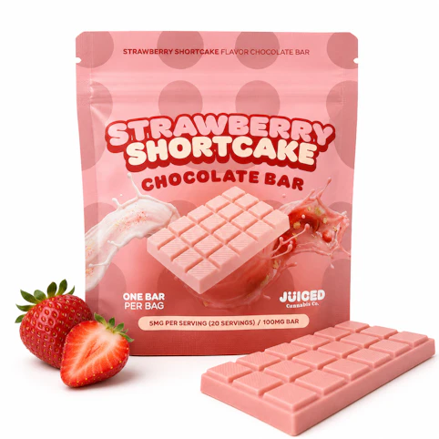Juiced Cannabis Co - Strawberry Shortcake – Hybrid | 100mg THC – 1 Chocolate Bar, 20 Servings (Edible Treat) | Juiced Cannabis  -d1 FRONT