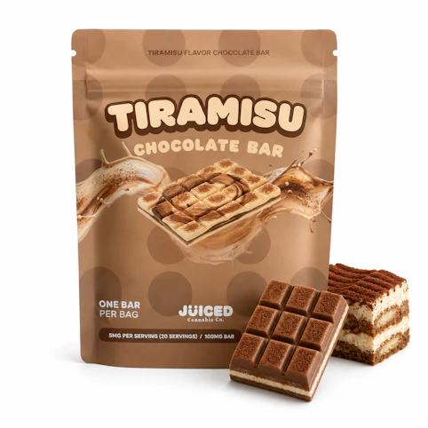 Juiced Cannabis Co - Tiramisu – Hybrid | 100mg THC – 1 Chocolate Bar, 20 Servings (Edible Treat) | Juiced Cannabis -e1 front