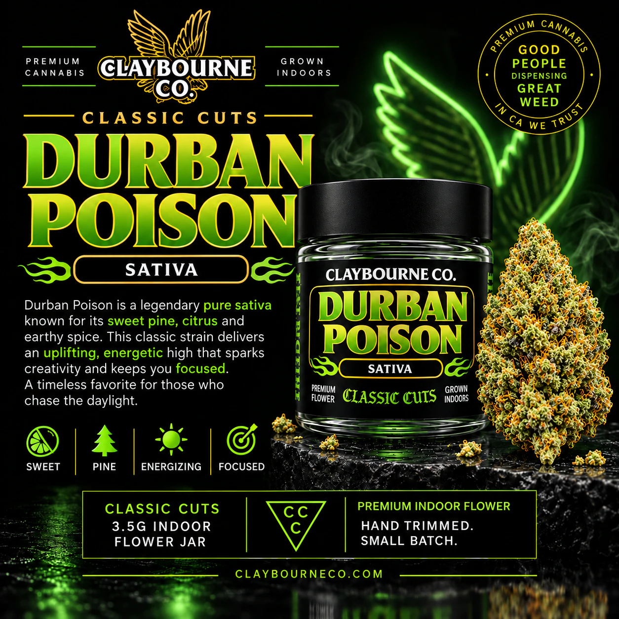 Claybourne Co. - Claybourne Classic Cuts | 3.5g Indoor Flower Jar | Durban Poison Main Image