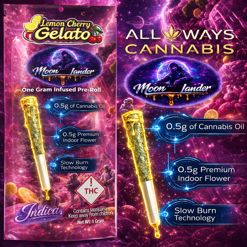 All Ways Aeroponics - All Ways Aeroponics Lemon Cherry Gelato (I) Moon Lander Infused Preroll 1g Main Image