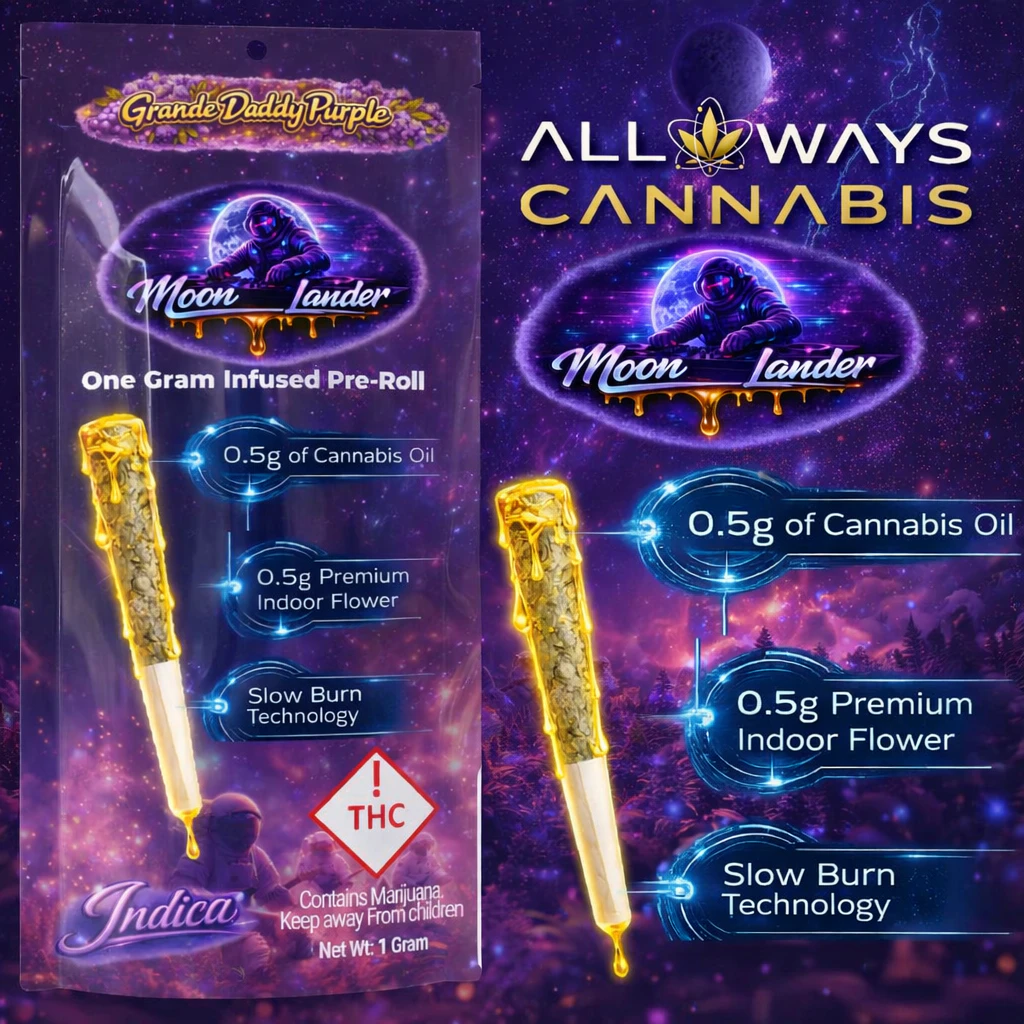 All Ways Aeroponics - All Ways Aeroponics - Grande Daddy Purple (I) Moon Lander Infused Preroll 1g Main Image