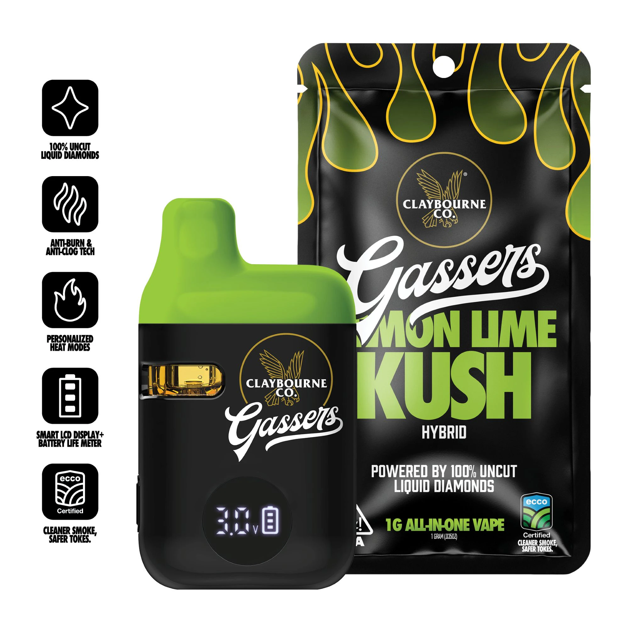 Claybourne Co. - Claybourne Co | Gassers | Lemon Lime Kush | Hybrid | AIO | Liquid Diamonds | 1g Main Image