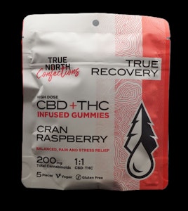 True North - 200mg Cran Raspberry THC Gummies 5x20mg 1:1 THC/CBD
