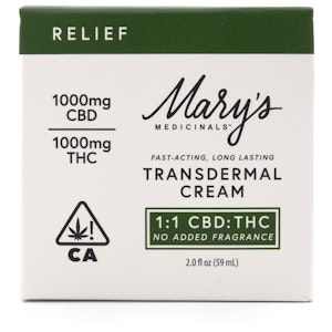 MARY'S MEDICINALS - 'Relief' Fragrance Free 1:1 CBD:THC 2oz 2000mg Transdermal Cream - Mary's Medicinals