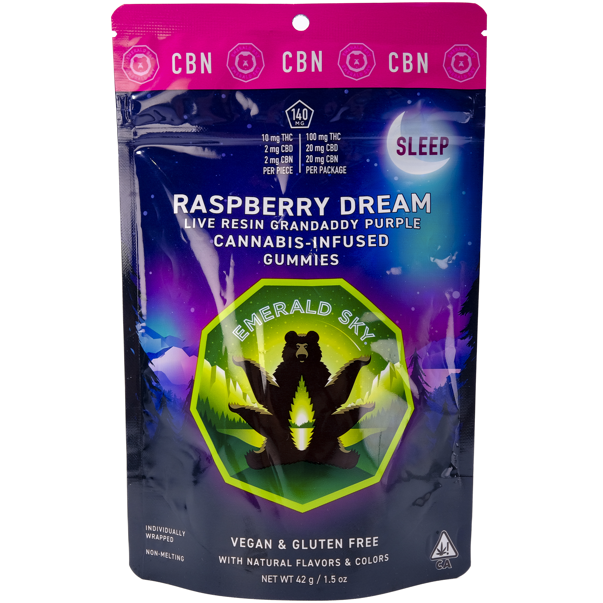 Raspberry Dream Sleep 10:2:2 140mg 10 Pack Live Resin Gummies - Emerald Sky
