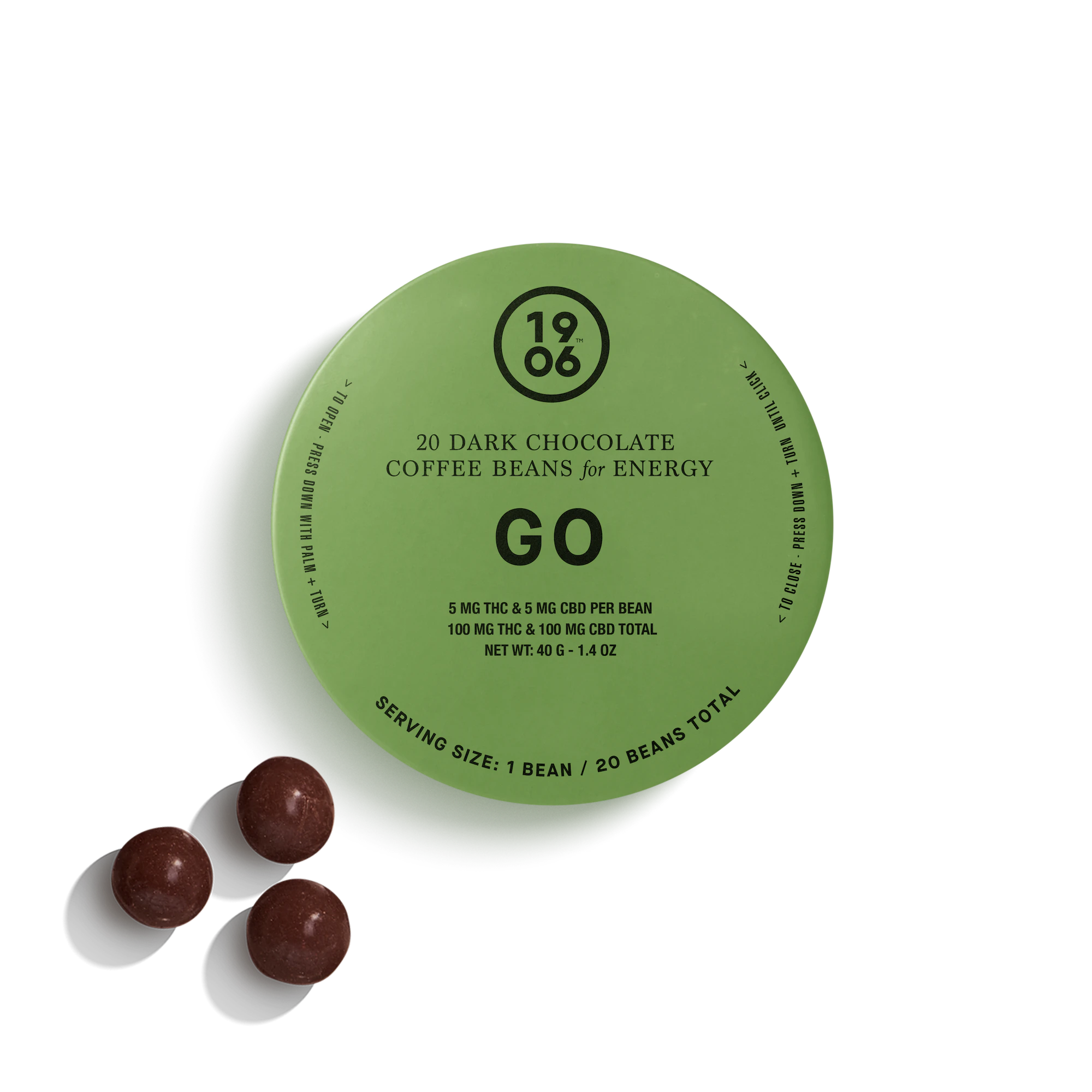 1906 - 1906 - "Go" Coffee Beans - 5mg THC : 5mg CBD x 20ct - Edibles Main Image