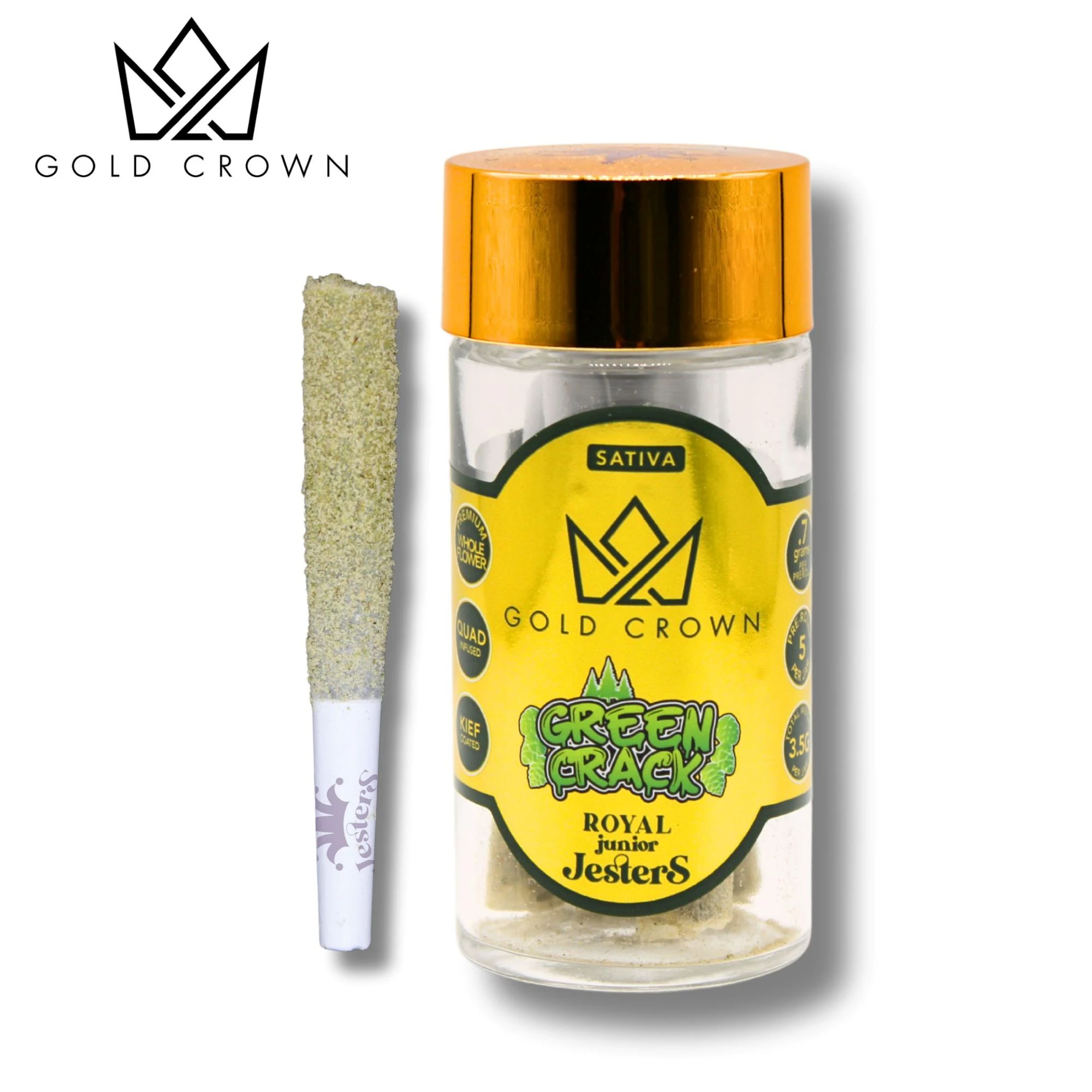 Gold Crown - Royal Junior Jesters - Green Crack (0.7gX5pk Quad Infused Tarantula Pre-Rolls) Main Image